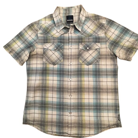 Prana Short Sleeve Pearl Snap Shirt Size Medium Plaid Western Dual Pockets - Picture 6 of 10
